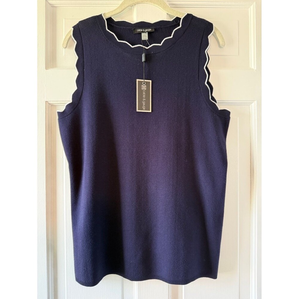 NWT Cable & Gauge Navy Sleeveless Crew Sweater Vest Tank White Scallop Trim XL